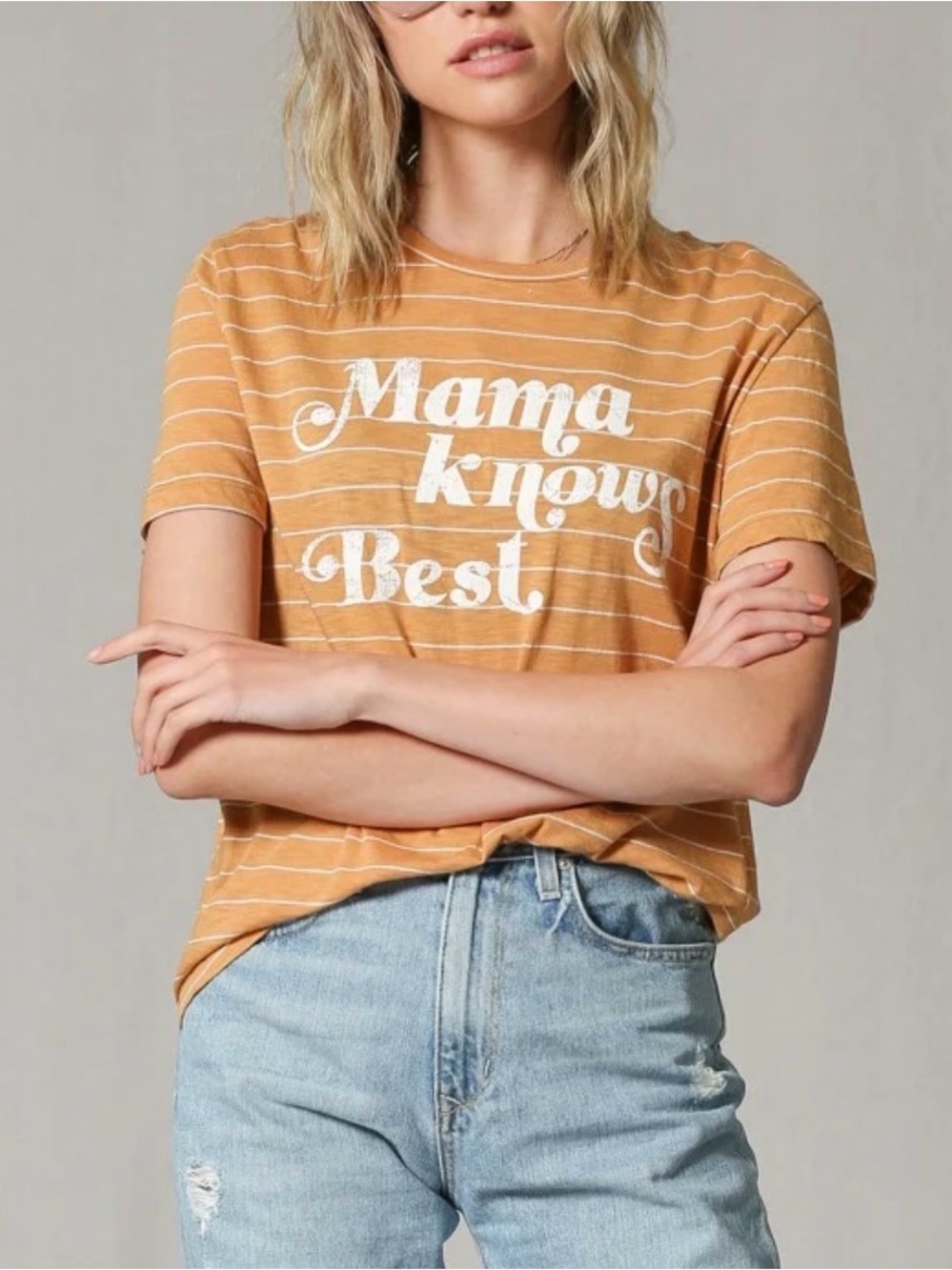 ✨ Retro Blank Paige "Mama Knows Best" Mustard Striped Graphic Tee Sz S✨